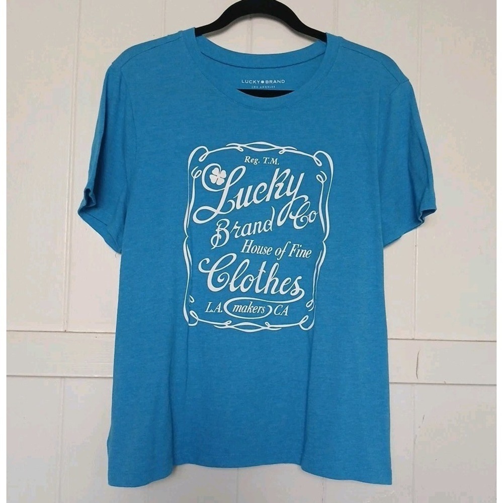 Lucky Brand T-Shirt Logo Spell Out Women's XL‎ Graphic Tee Aqua Heather SS Top